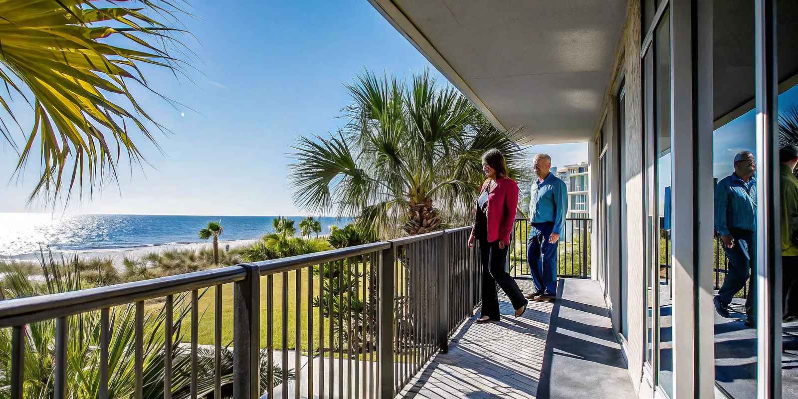 Bright living room in a Panama City Beach vacation rental with Gulf view through sliding glass doors, coastal decor, and sunlight streaming in