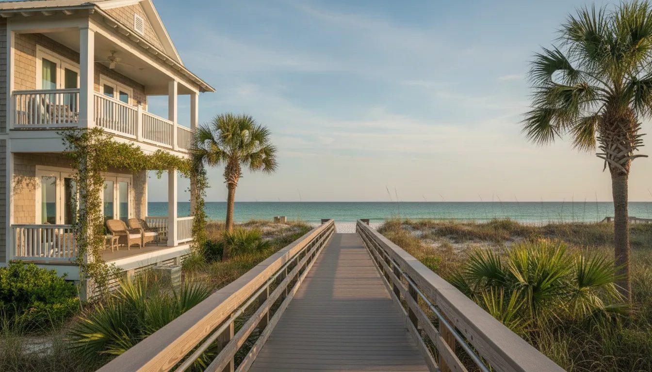 Rosemary Beach rentals near a Gulf Coast boardwalk and beach