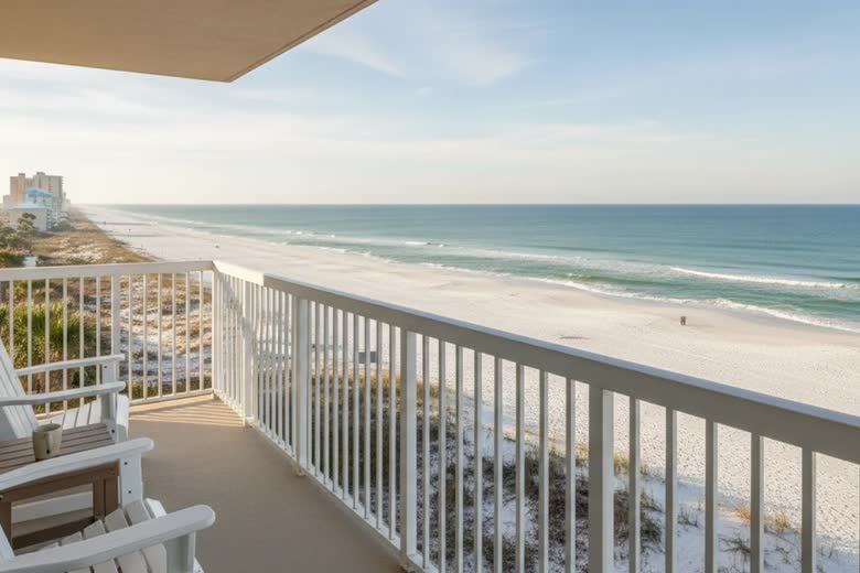 Bright Panama City Beach rental balcony overlooking the Gulf on a clear winter day