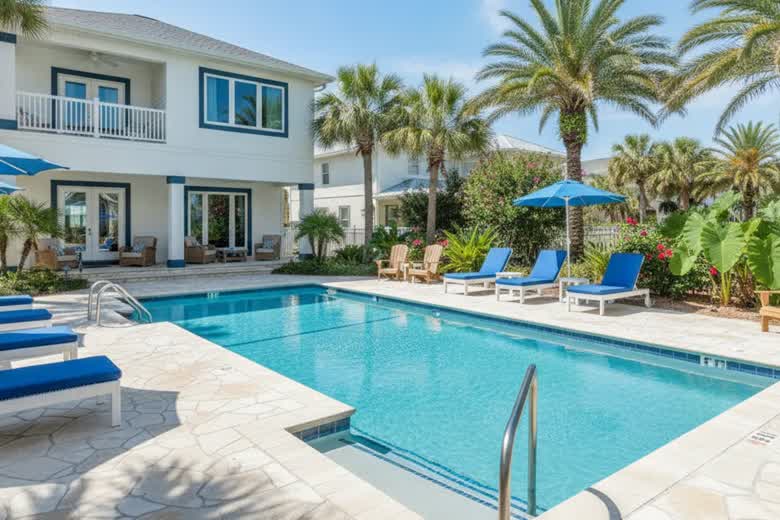 A private swimming pool beside a coastal vacation home