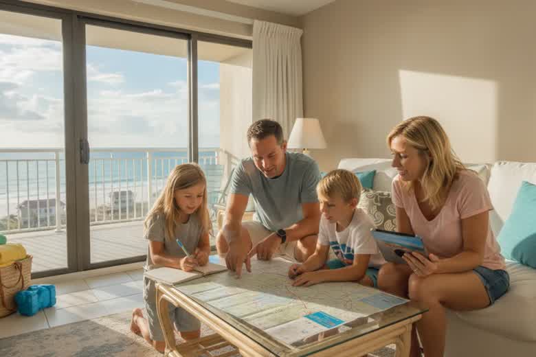 Family relaxing together in a bright Panama City Beach vacation rental