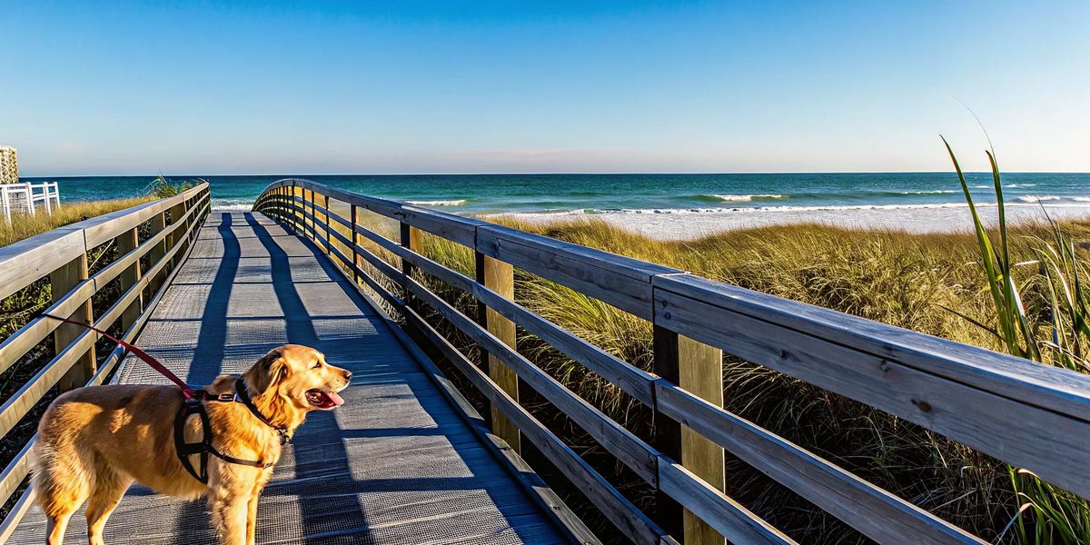 Golden retriever walking on a leashed beach path at sunrise on Panama City Beach