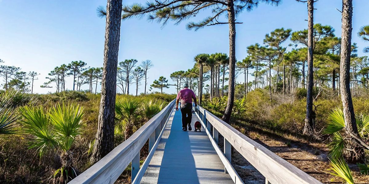Person walking a small dog on a shaded wooden boardwalk trail through a Florida conservation park